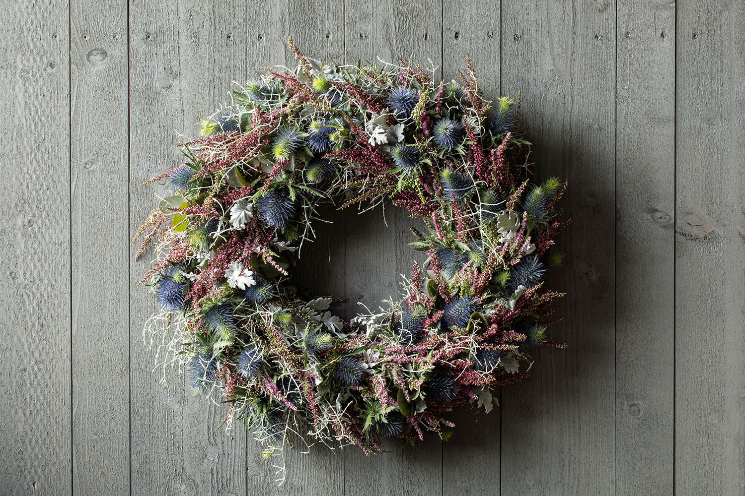 høstkrans med lilla calluna_calosephalus og eryngium