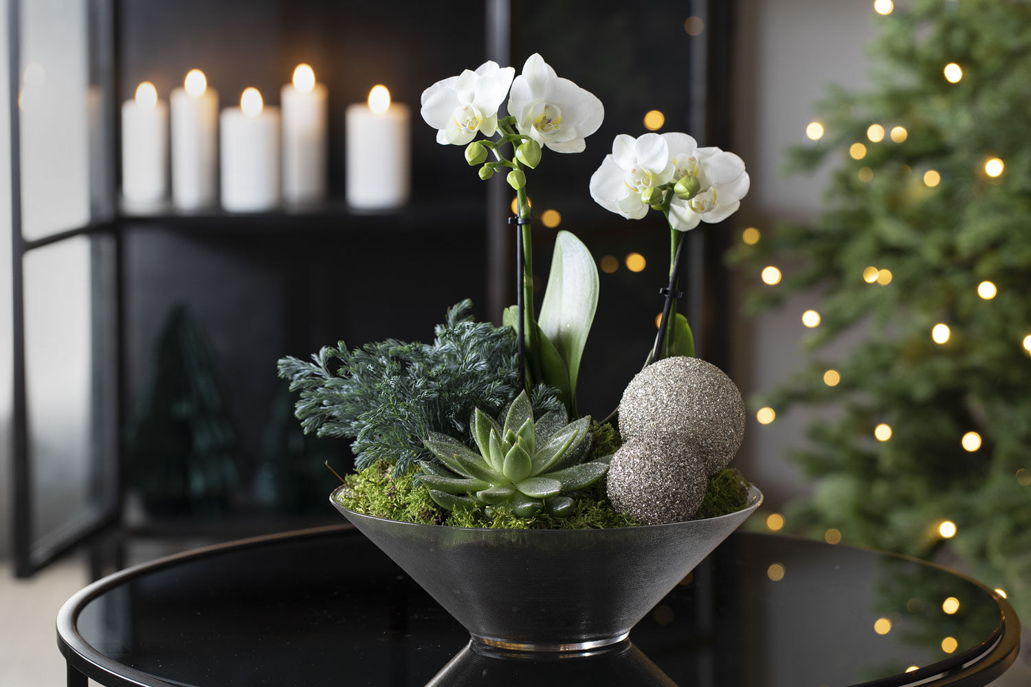 Hvit orkide i glassfat Hvit orkide i glassfat