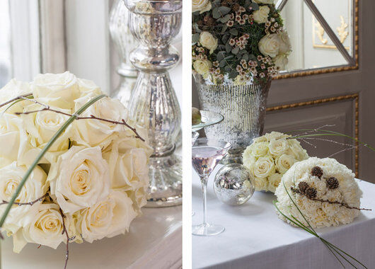 dekk bordet med hvite rosedekorasjoner